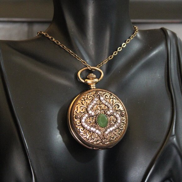Vissun Pocket Watch Pendant Necklace Rhinestones Scrollwork WORKS main image 4